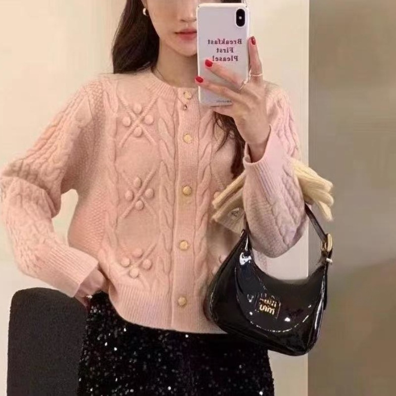 French Pom Pom Cable Knit Chic Cardigan