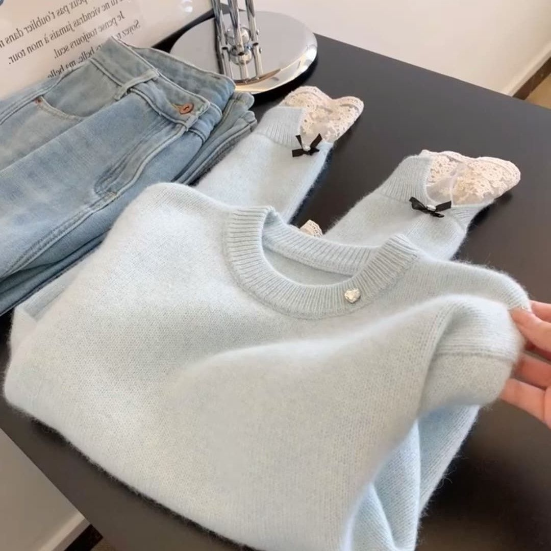 Soft Milky Blue Lace Crewneck Knit Top