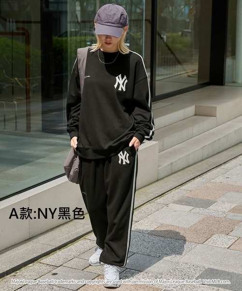 【預購】J0330601 MLB  貼布刺繡 側邊條紋 寬鬆版衛衣＋衛褲 (4款)