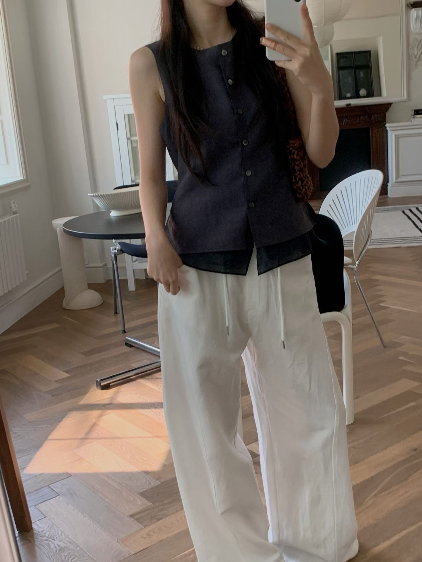 WJ6056 單排鈕亞麻材質背心