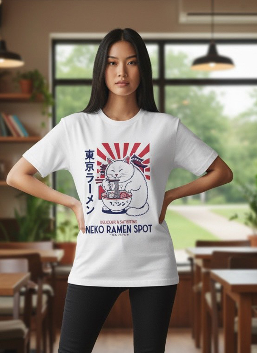 把一點療癒的美味，穿在身上｜貓咪拉麵插畫棉T