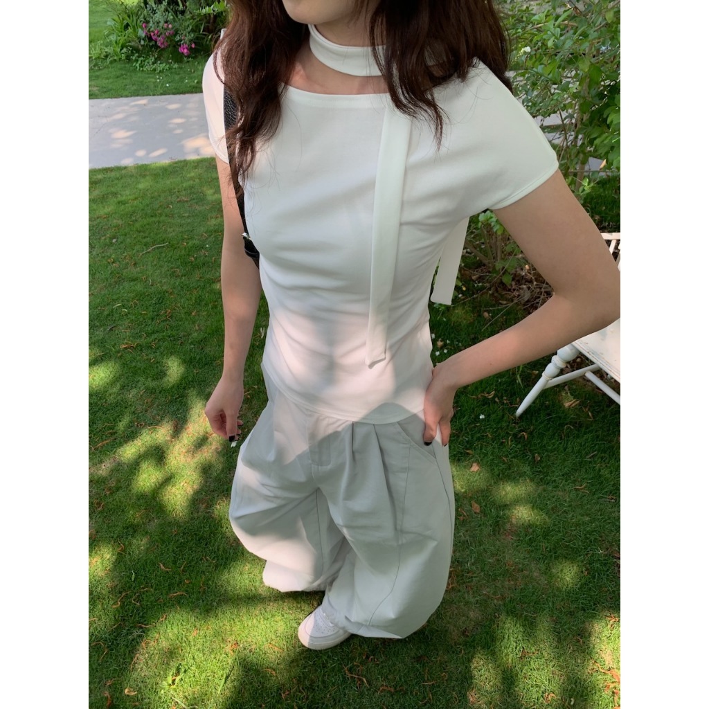 廣州選品🪂【imfine】繞脖點綴的彈力素tee #9896