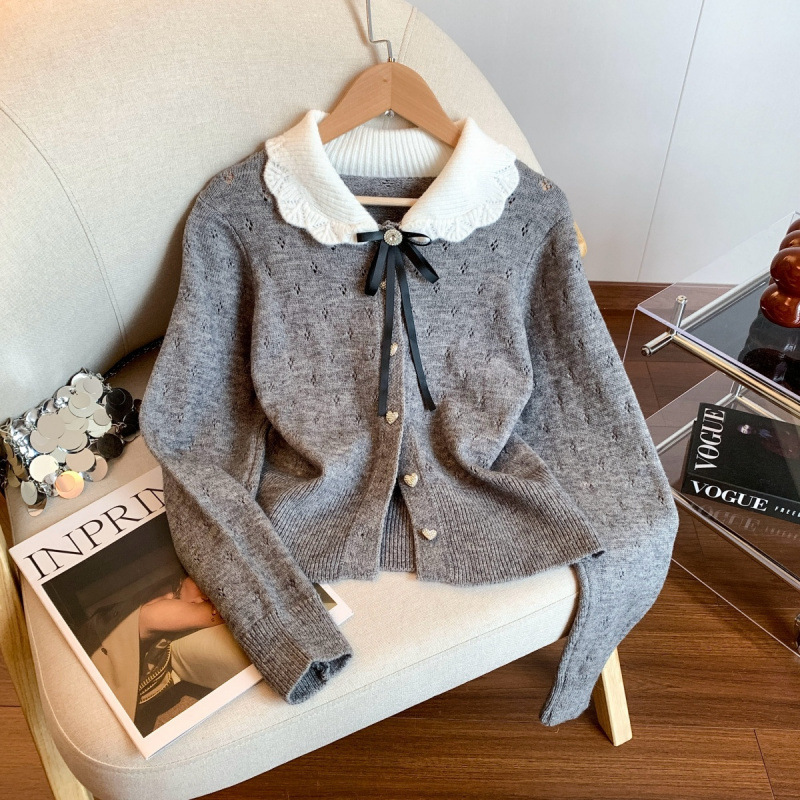 French Bow Doll Collar Knit Cardigan