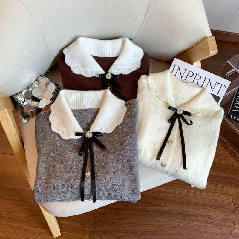 French Bow Doll Collar Knit Cardigan