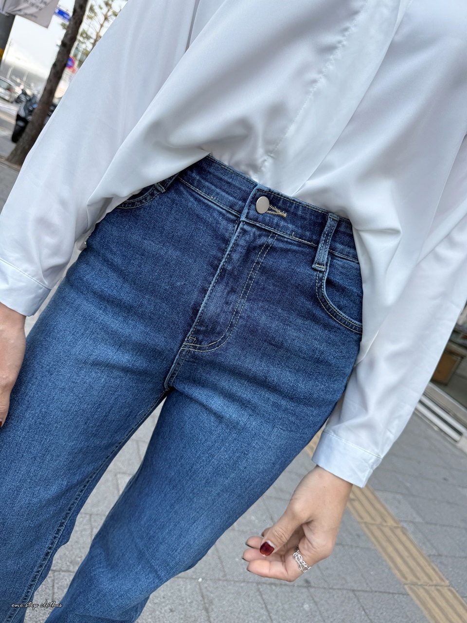 正韓UV水手藍長腿鬆緊小直筒