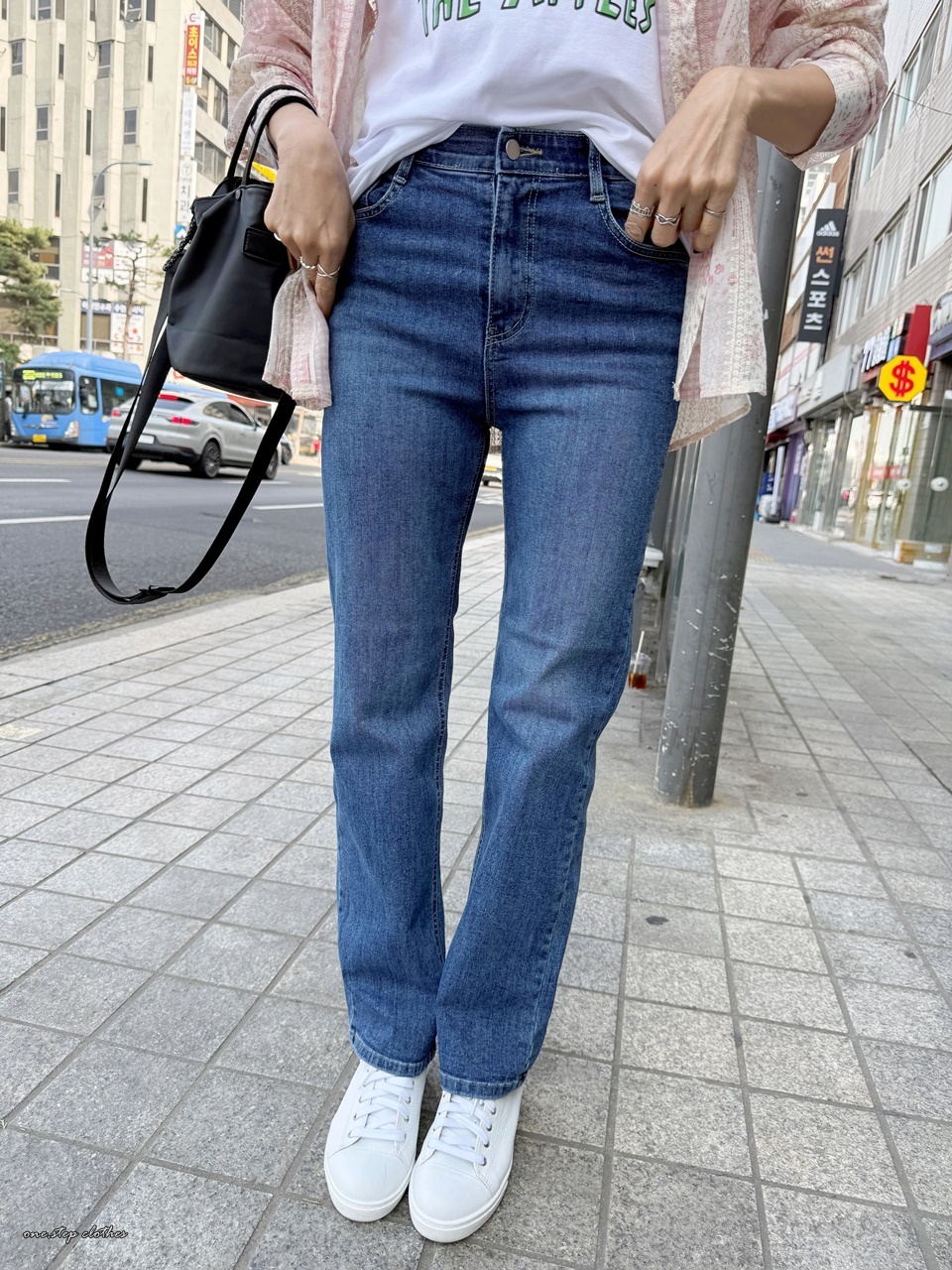 正韓UV水手藍長腿鬆緊小直筒