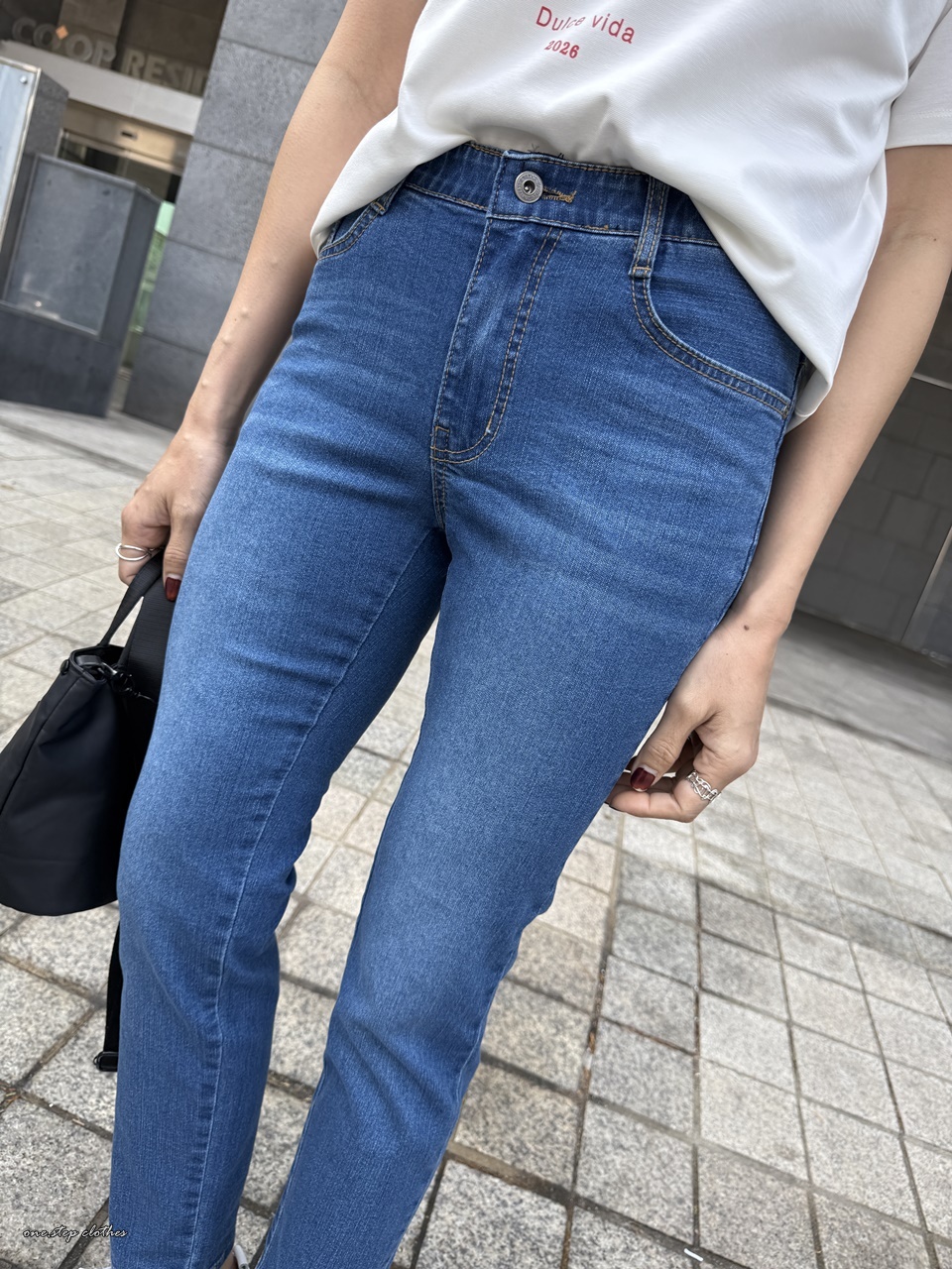 正韓Queen顯瘦深藍薄款鬆緊牛仔褲