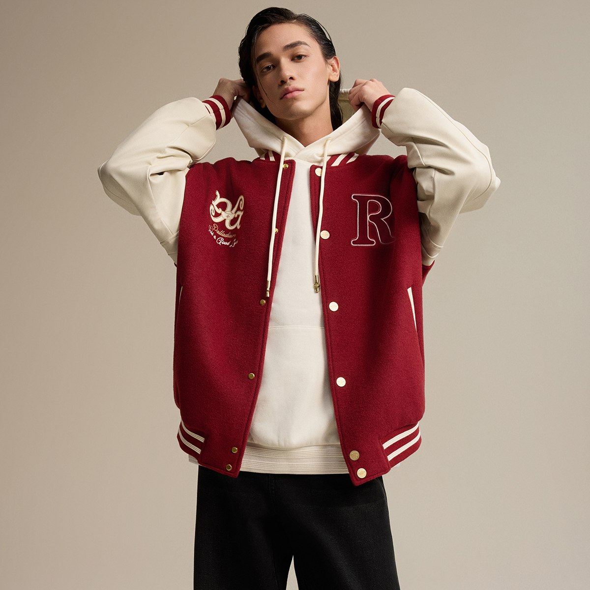男裝 RICH LOGO 寬鬆拼色棒球外套