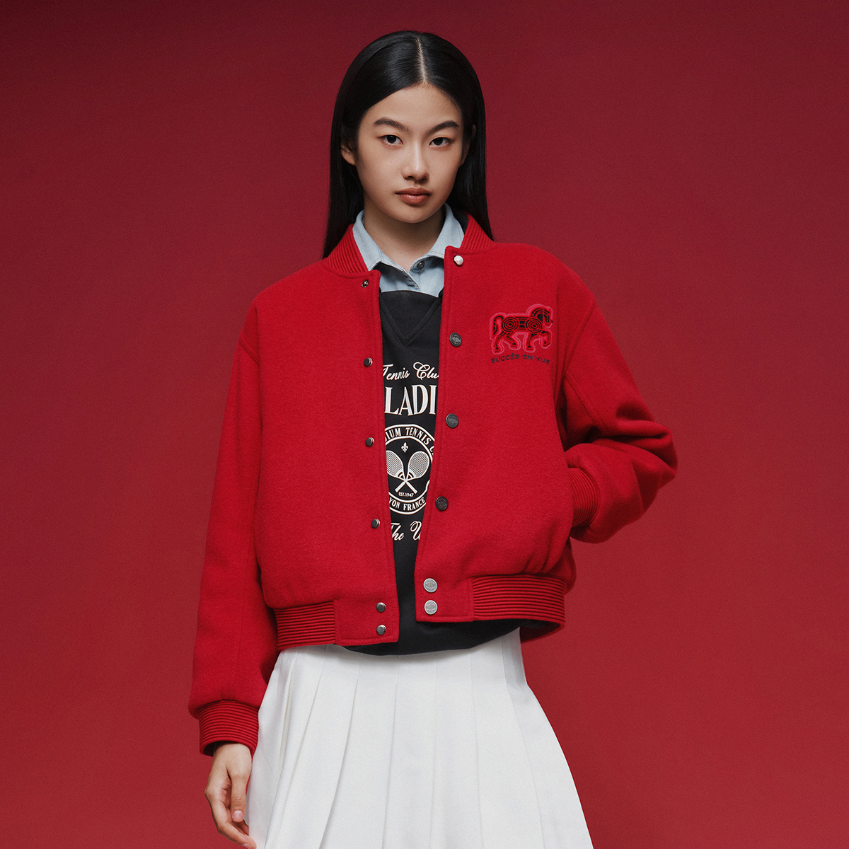 女裝馬主題 LOGO 混紡抓毛棒球外套