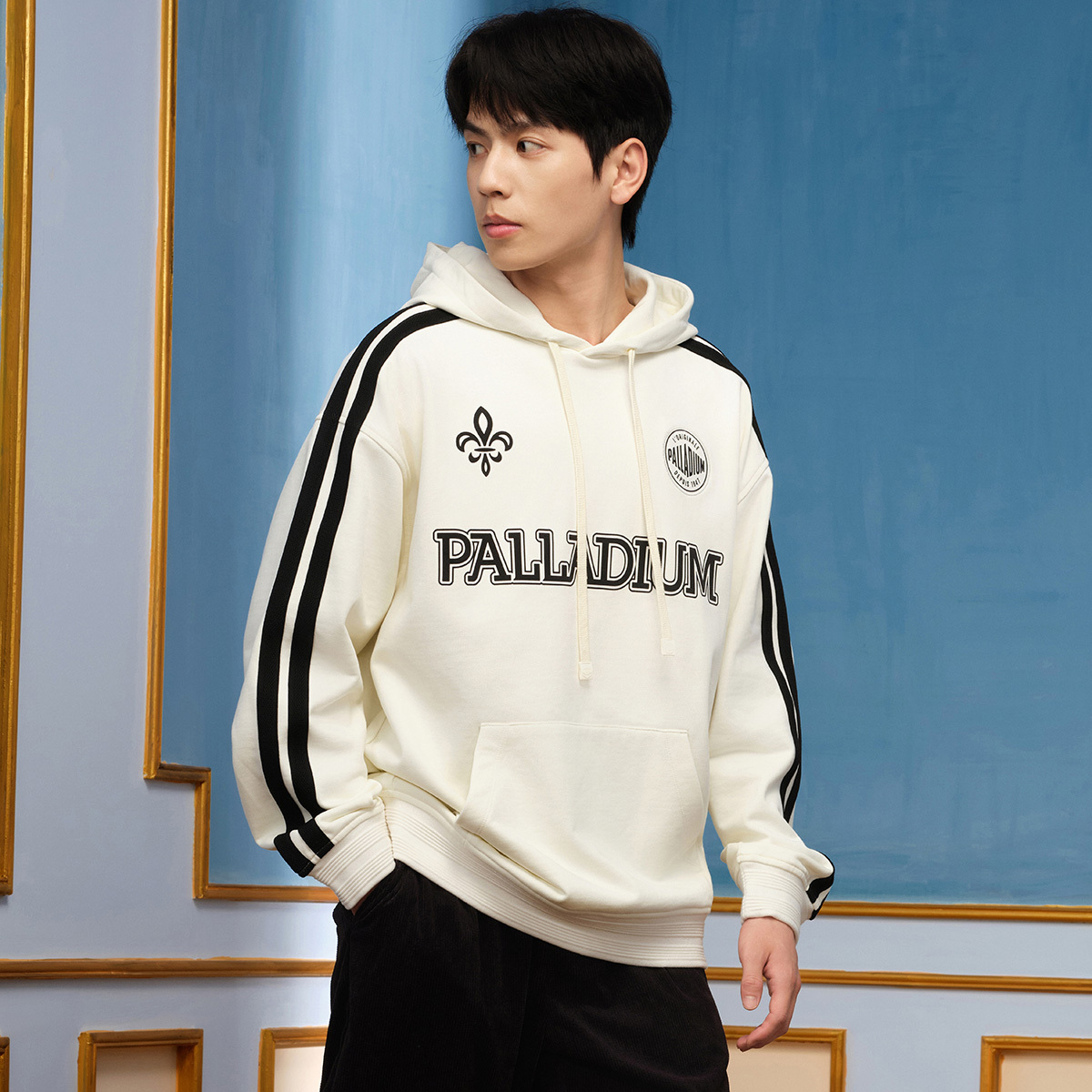 男裝復古 PALLADIUM LOGO 寬鬆全棉側面織帶連帽衛衣