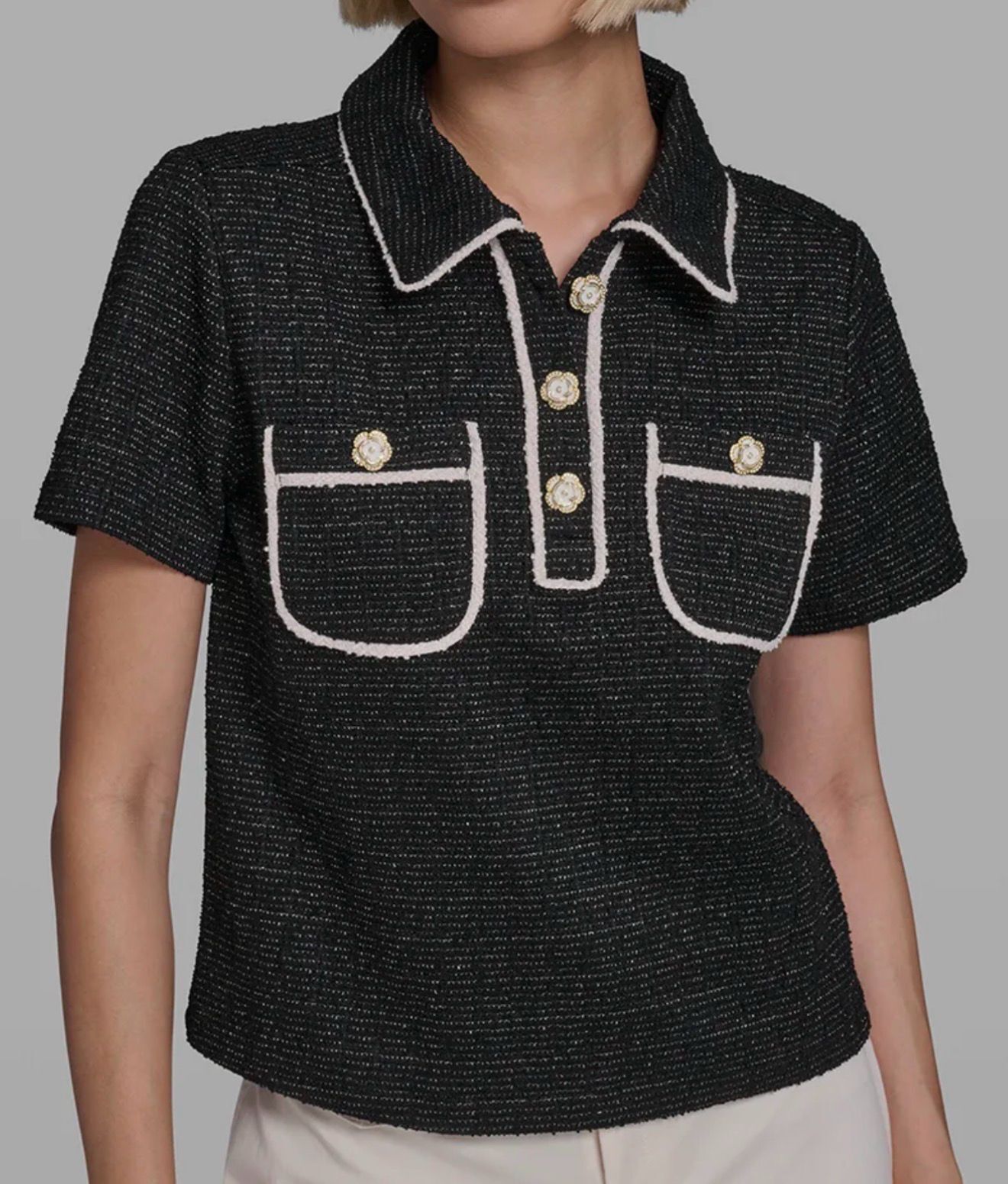 Karl Lagerfeld 女裝有領山茶花金鈕上衣 (黑) KL57