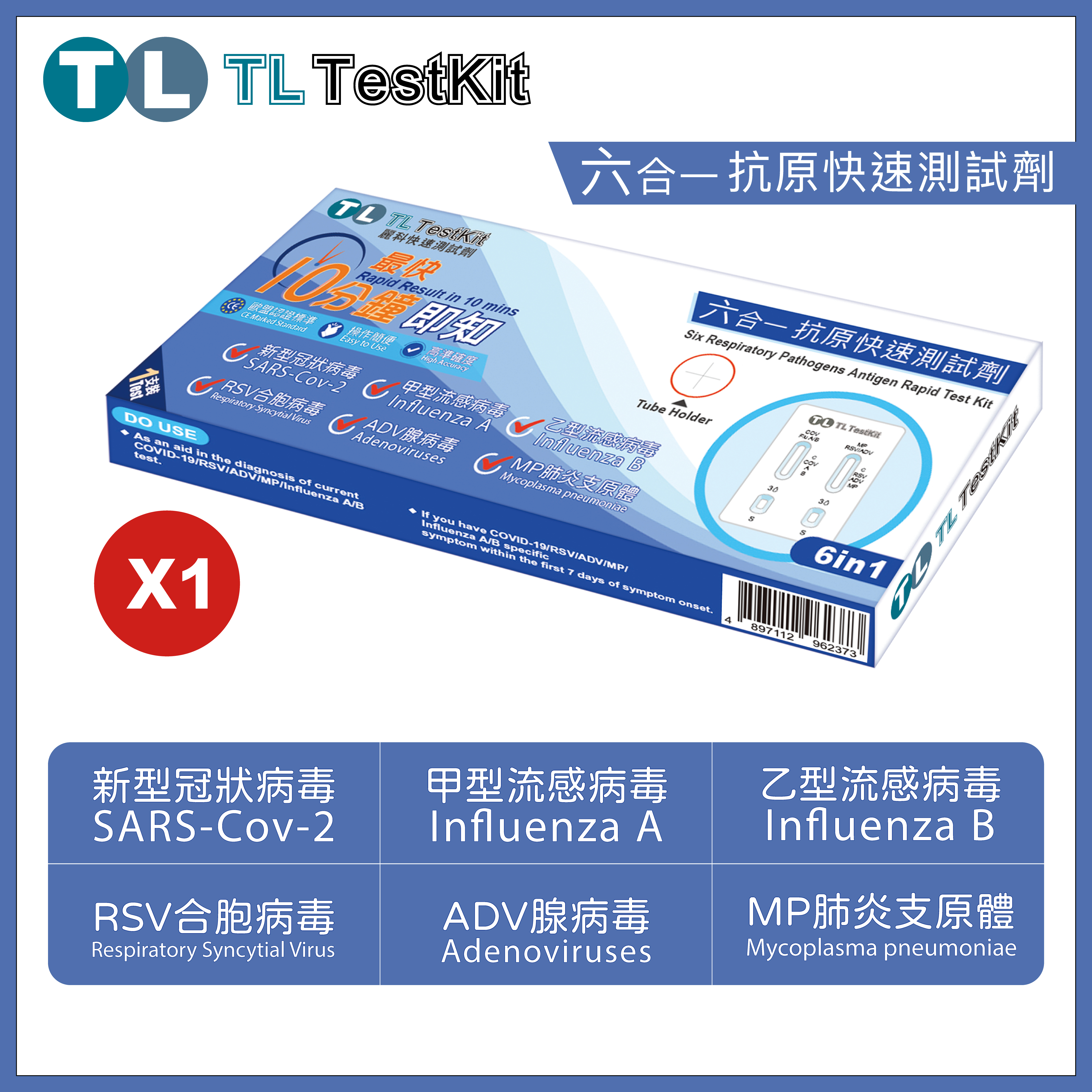 TL Testkit - 六合一快速測試劑【新型冠狀病毒 / MP肺炎支原體 / 甲 /⼄型流感 / RSV合胞 / ADV腺病毒】