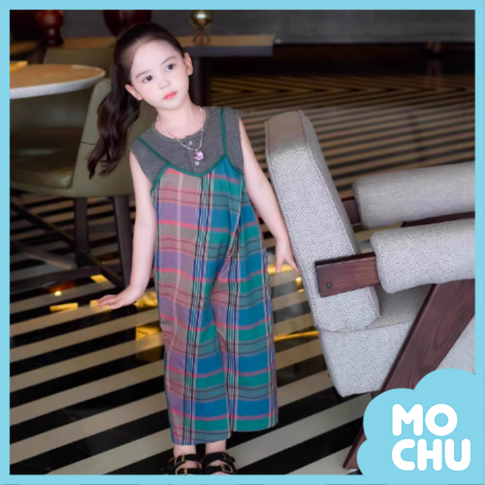 粉藍格連身褲套裝