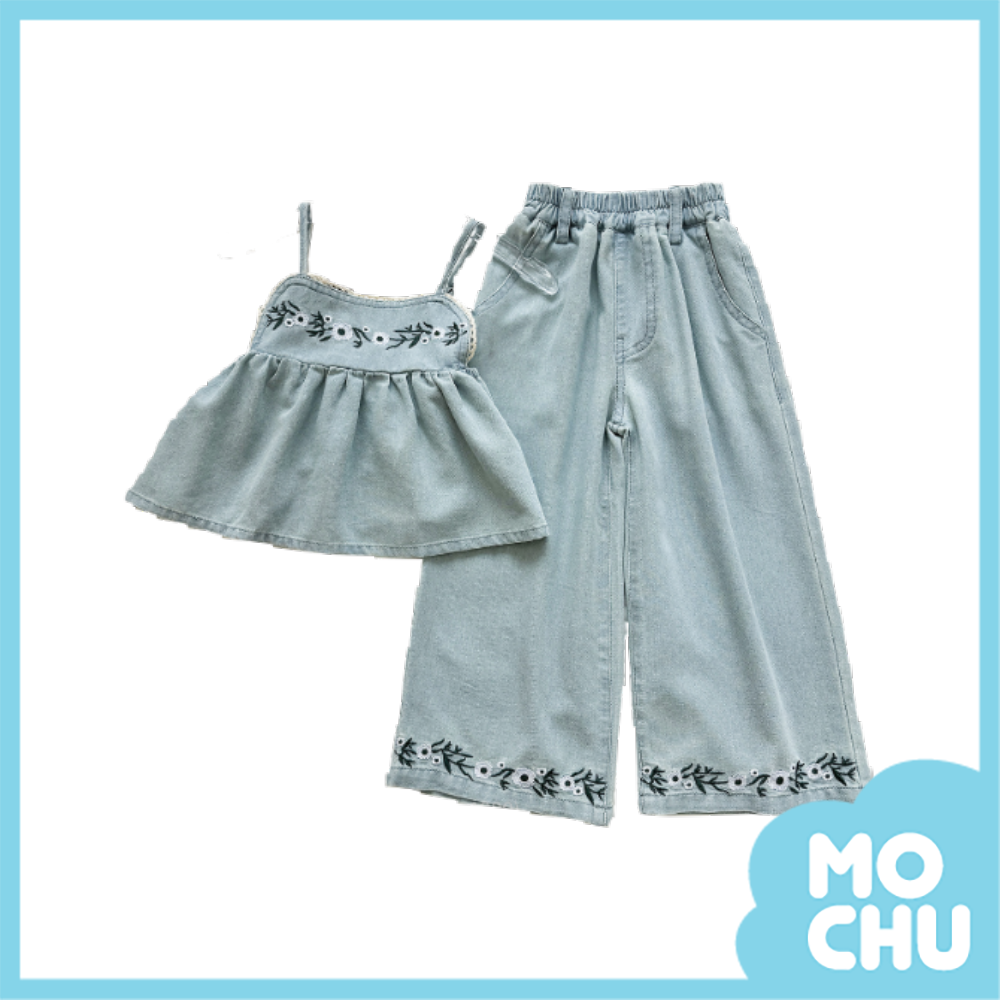 刺繡花朵牛仔細帶背心套裝