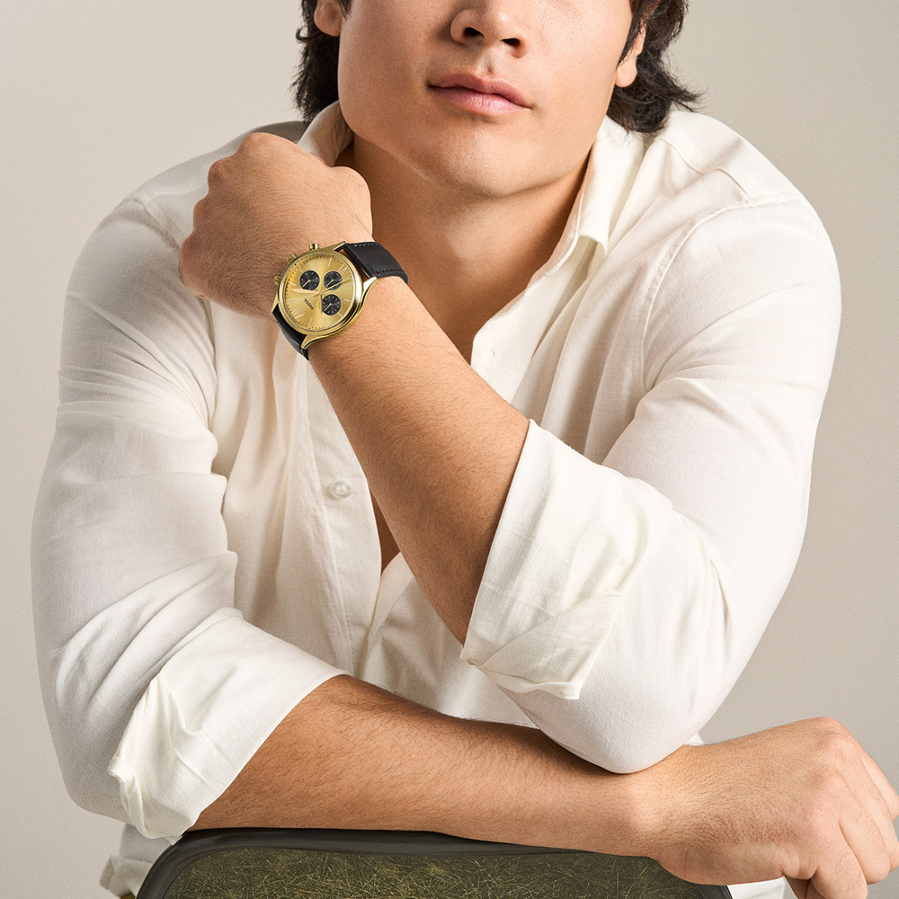 Fenmore 經典三眼計時手錶 黑色真皮錶帶 44 MM BQM7133