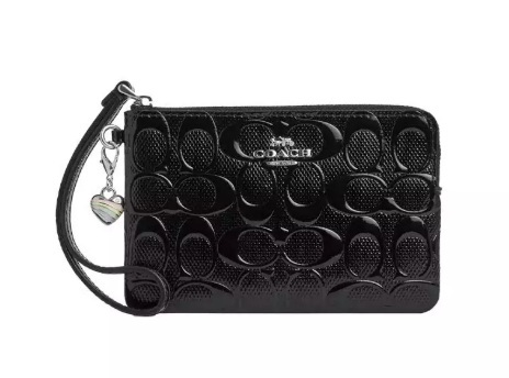 [S] COACH SILVER/BLACK CDY96 CORNER ZIP WRISTLET IN SIGNATURE LEATHER WITH HEART CHARM, 198685112771 (SCO1235)