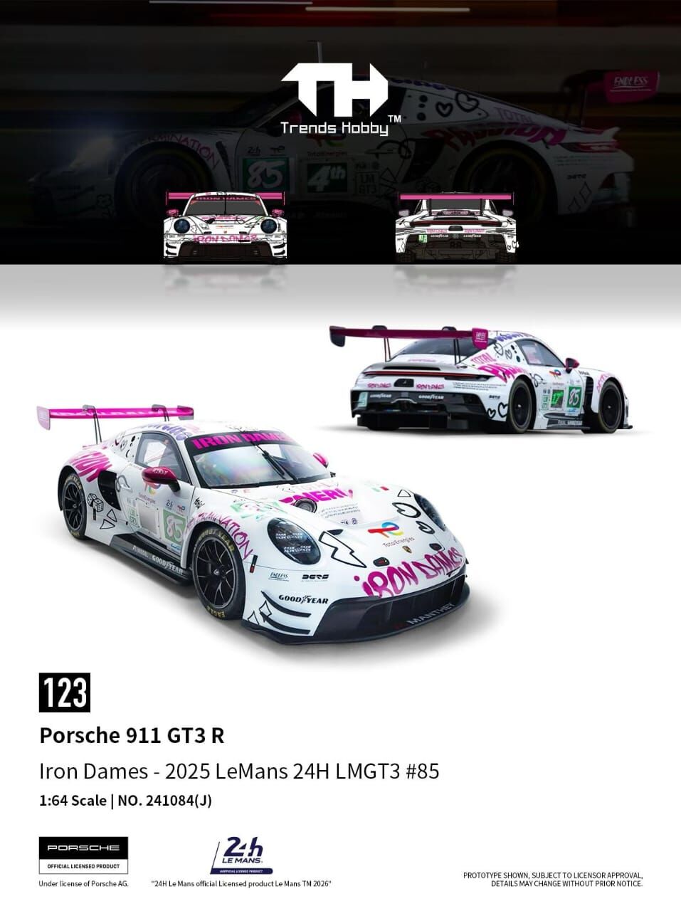 預訂 Pre Order - Trends Hobby Diecast 1/64 Porsche 911 GT3 R Iron Dames - 2025 LeMans 24H LMGT3 #85