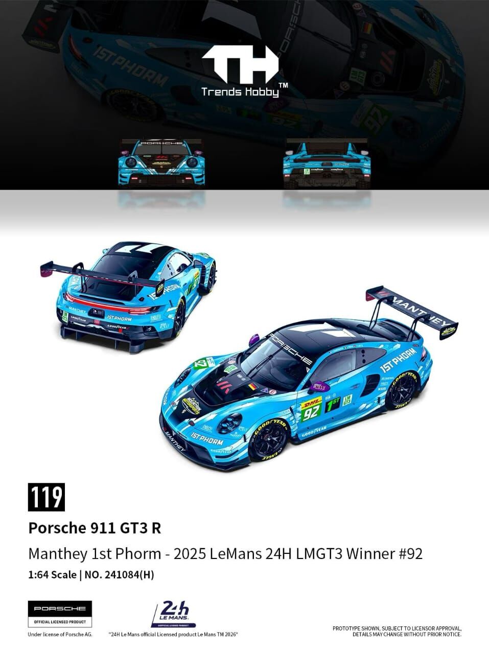 預訂 Pre Order - Trends Hobby Diecast 1/64 Porsche 911 GT3 R Manthey 1st Phorm - 2025 LeMans 24H LMGT3 #92