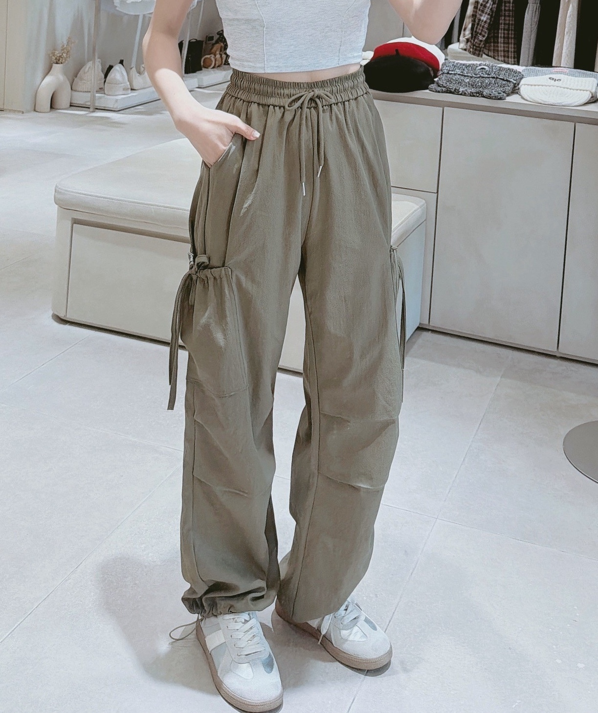 側鬆緊口袋綁繩工裝褲