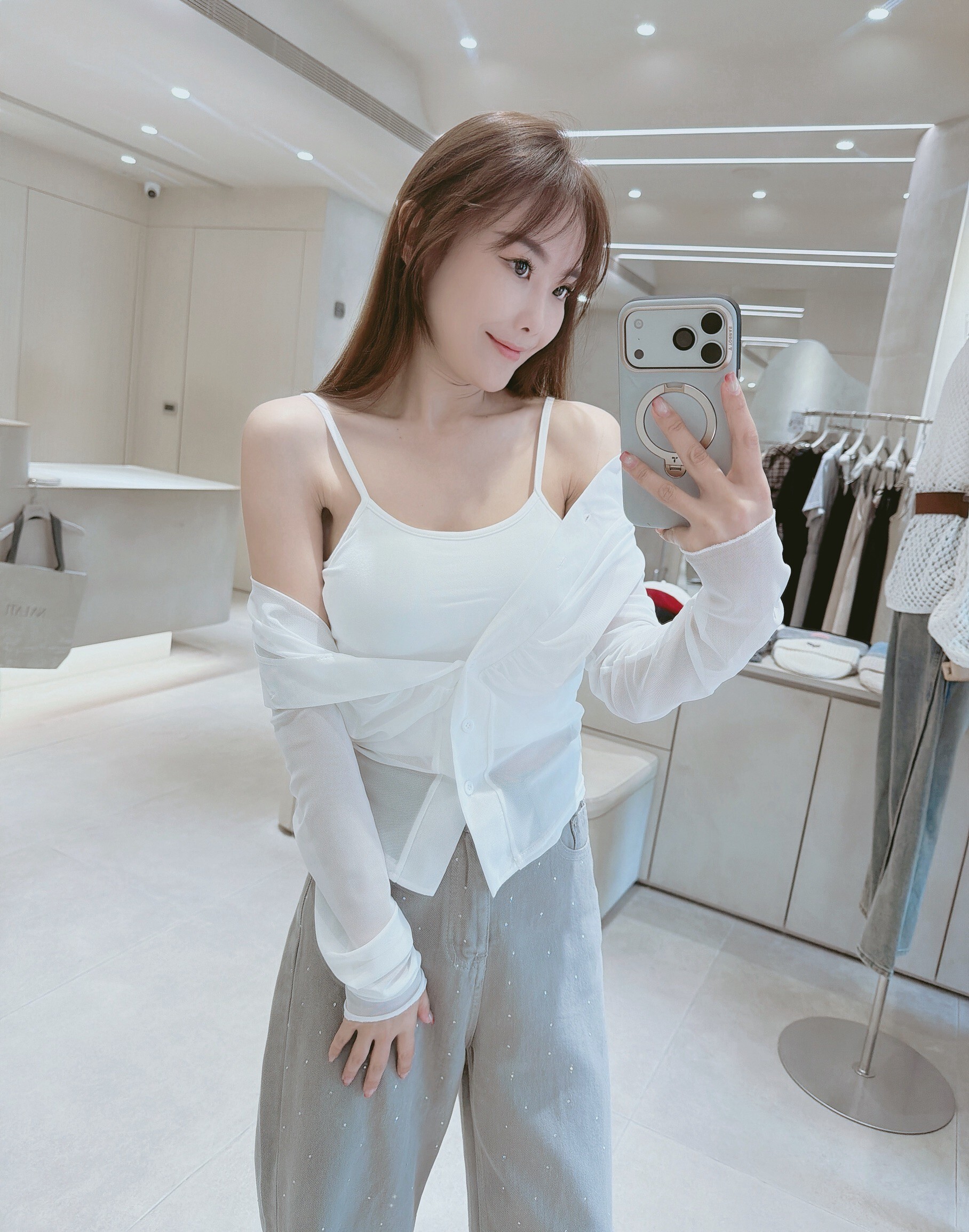 抓皺排釦網紗透膚衣+小可愛