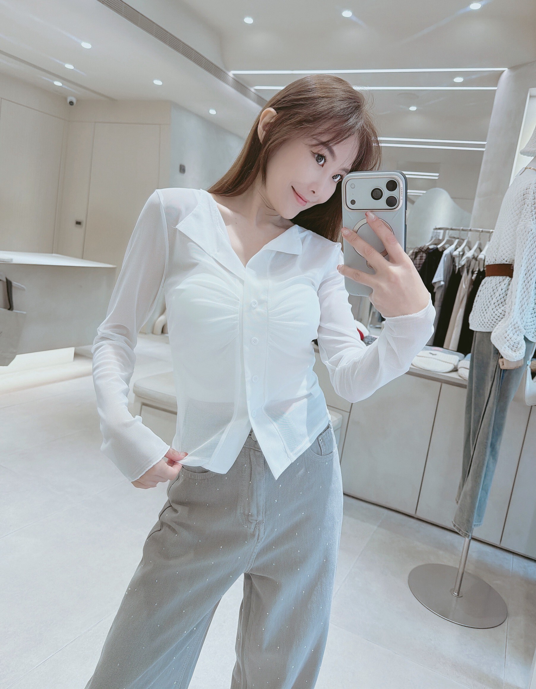 抓皺排釦網紗透膚衣+小可愛