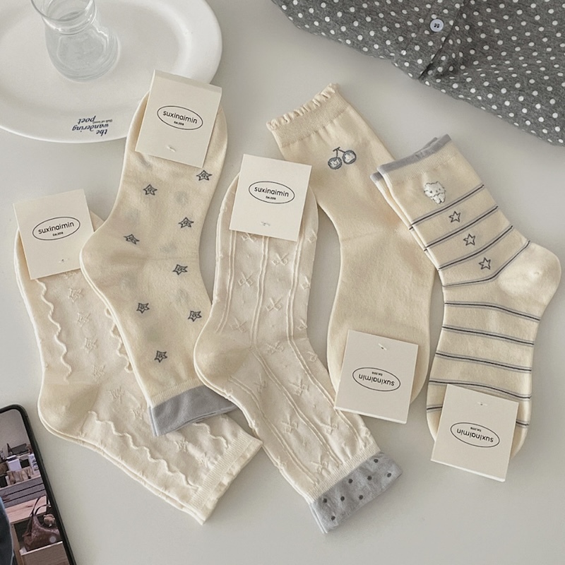 《03304》奶油藍星貓咪襪子