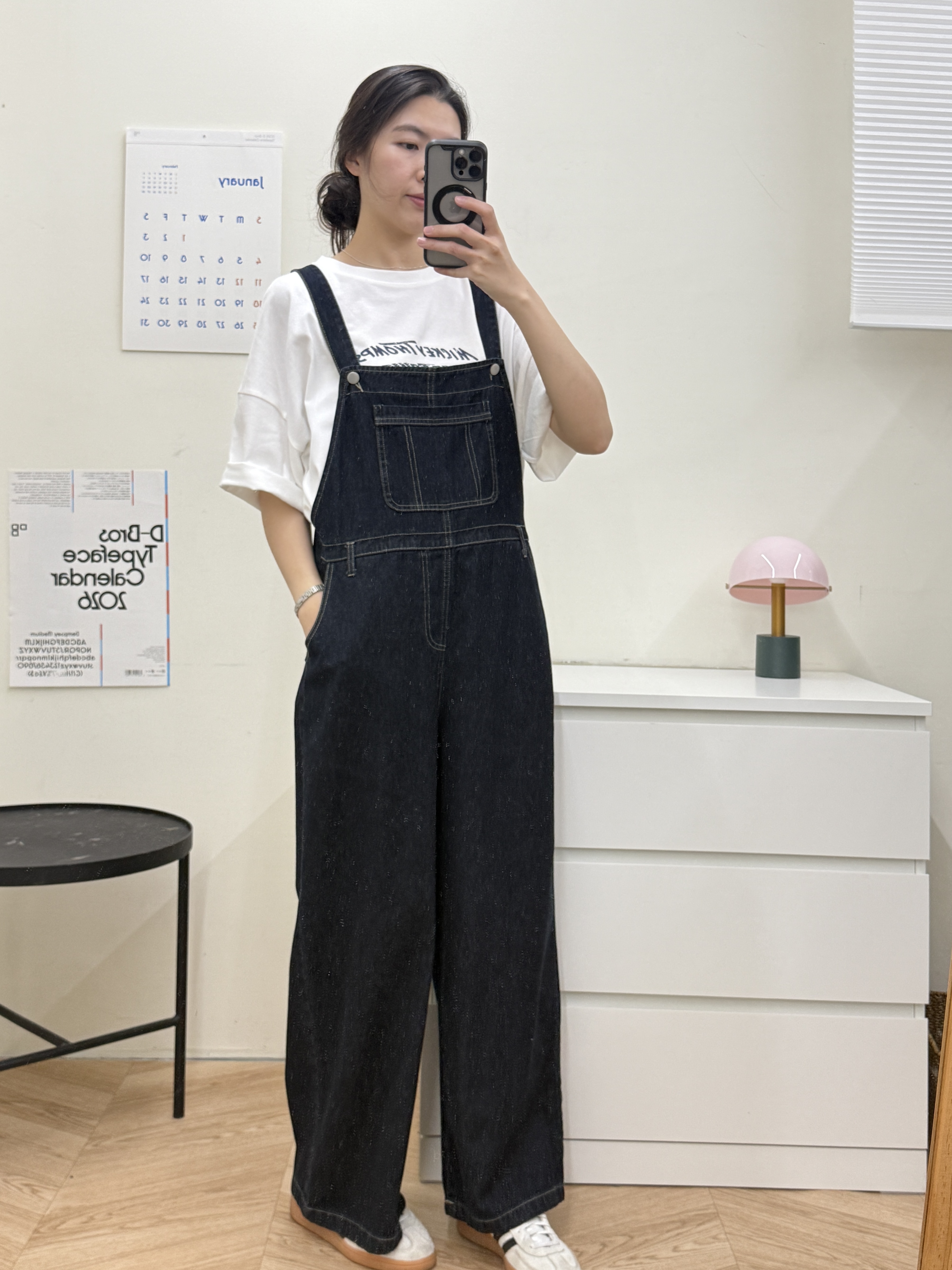 三扣單寧吊帶褲