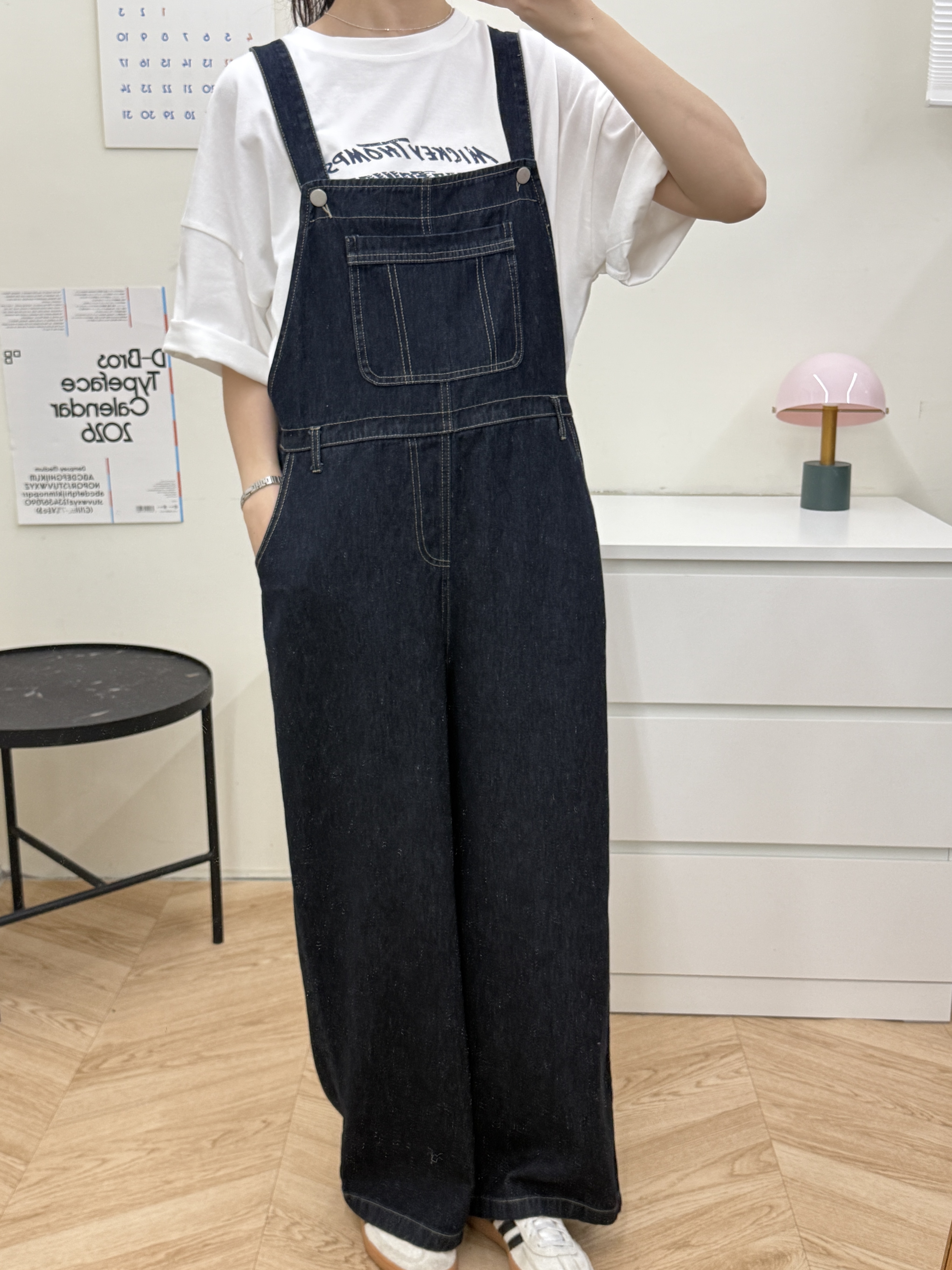 三扣單寧吊帶褲