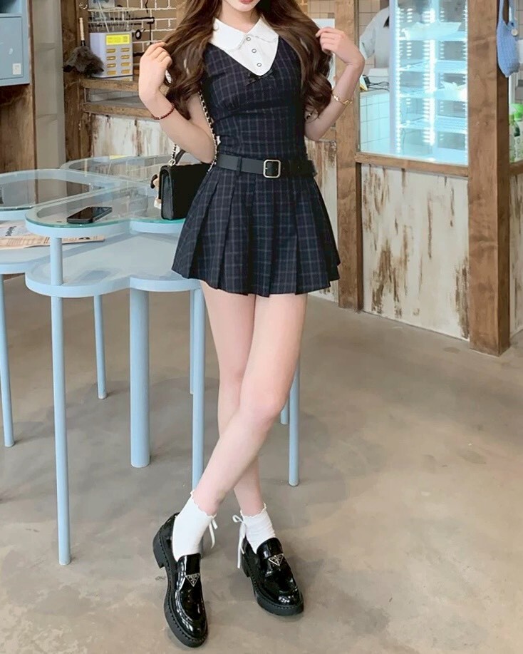 設計師家拼接格紋假兩件洋裝