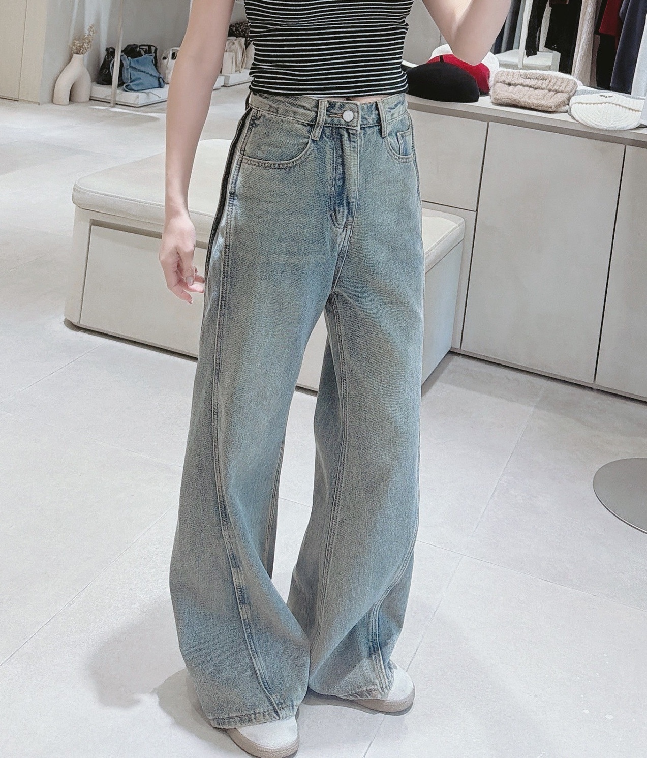 前後斜車線牛仔寬褲 8013淺灰 8014復古藍