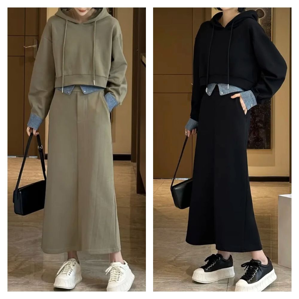 【ASister 小姊姊】AS0842#套裝☆*拼接牛仔*連帽抽繩外套+半身裙裙裝(2色 M-5XL)