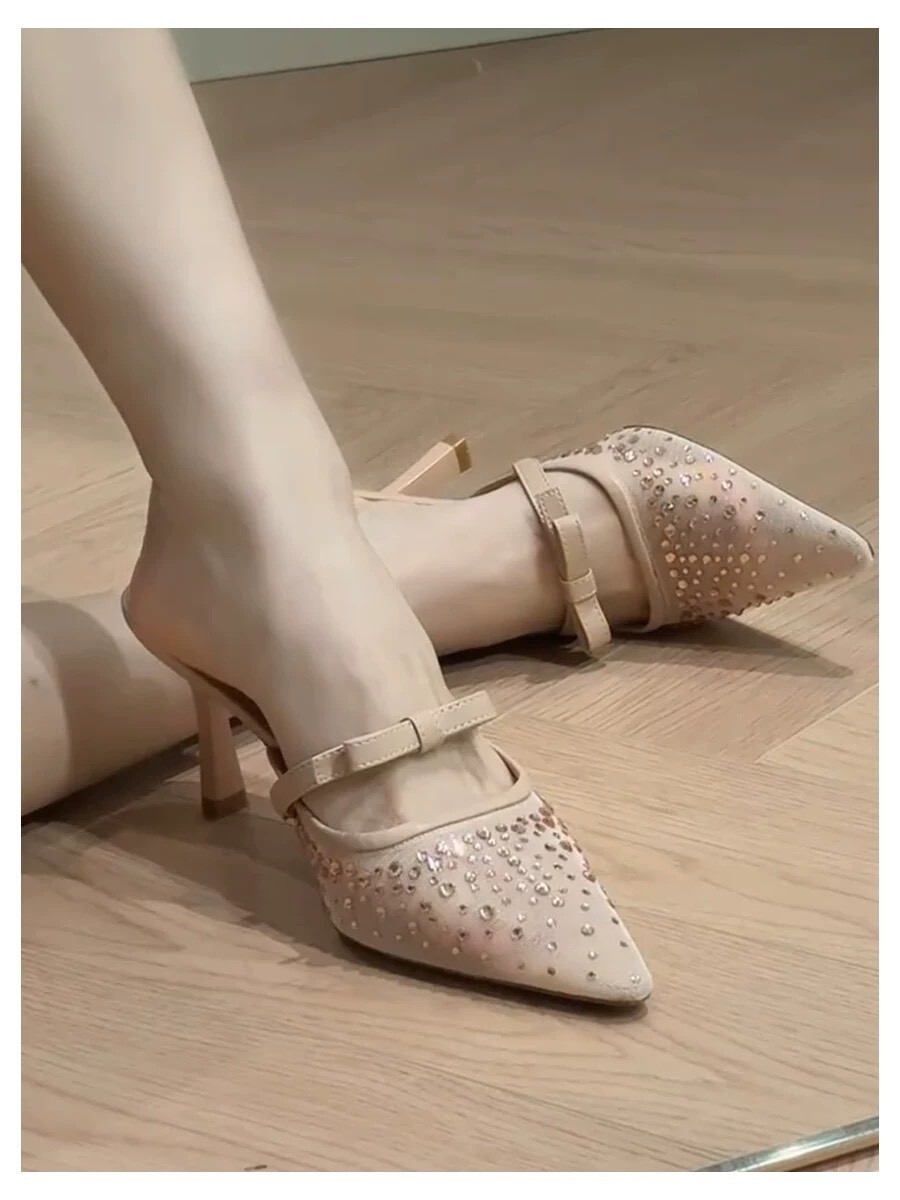 真皮網紗燙鑽蝴蝶結高跟拖鞋