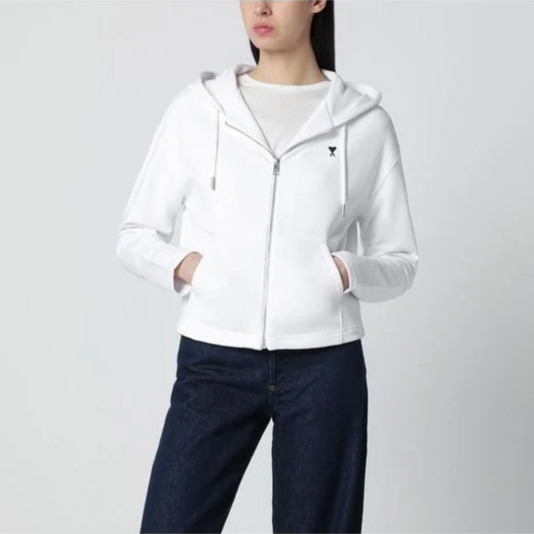 1FF0101-415 [AMI PARIS] Cotton Ami De Coeur Zipped Hoodie White (SS26) #FSW783.730.100 (C-EU-E)