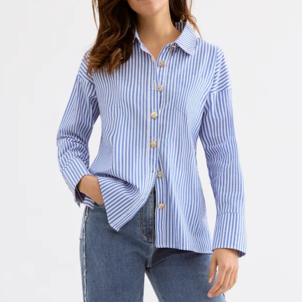1LU0330-017 [LEO & UGO] Elegant Striped Women's Shirt Blue #JE904-BLUE (EU)