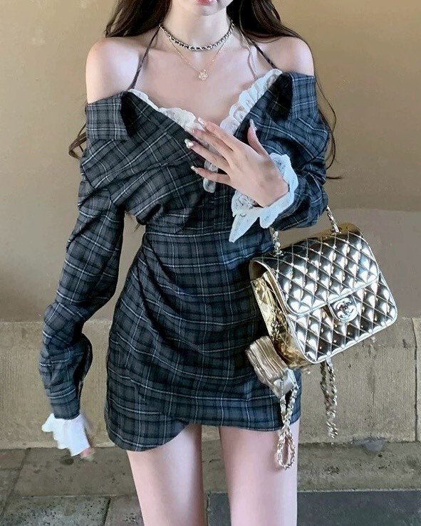 襯衫拼接蕾絲布收腰洋裝