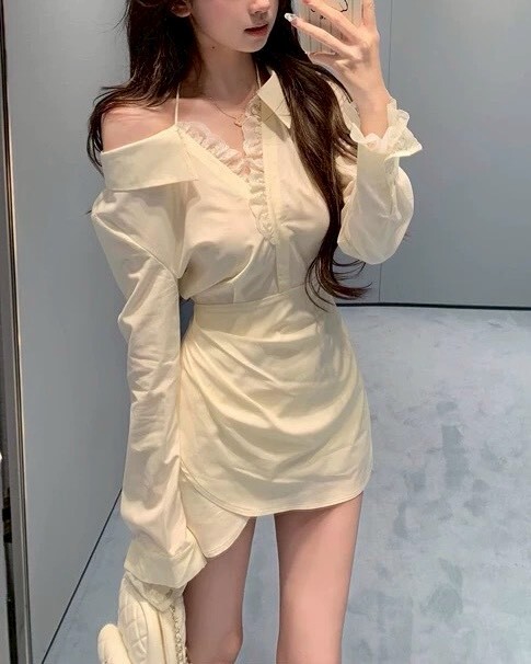 襯衫拼接蕾絲布收腰洋裝