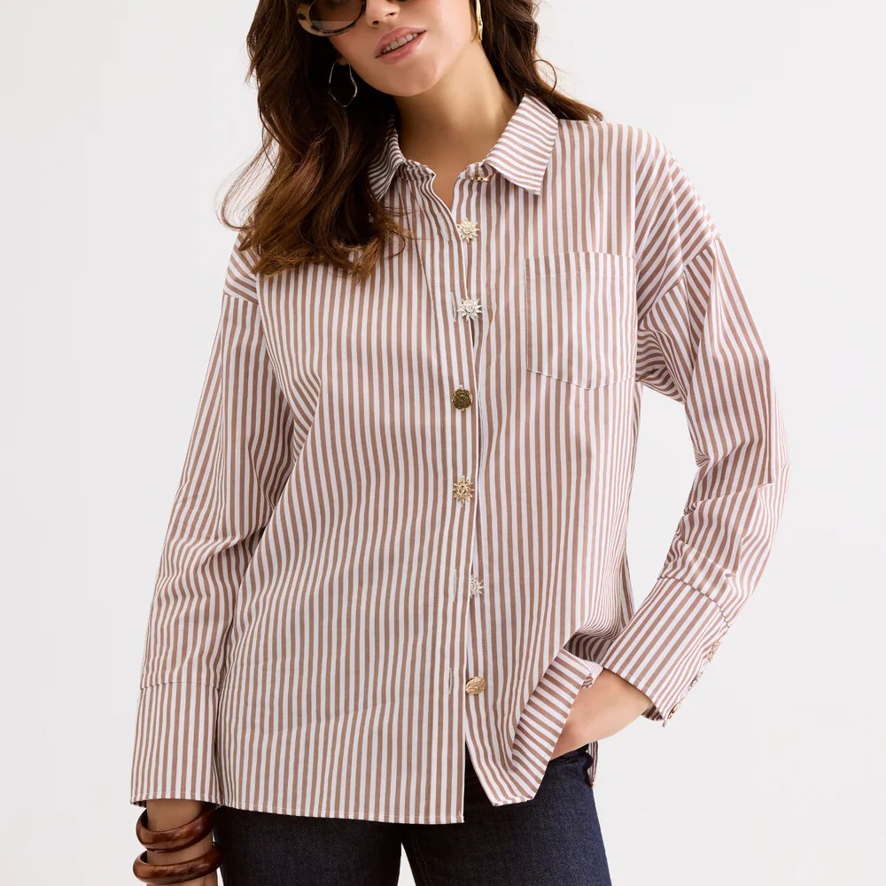 1LU0330-018 [LEO & UGO] Elegant Striped Women's Shirt Brown #JE904-BROWN (EU)