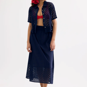 1LU0330-103 [LEO & UGO] Openwork Short-Sleeve Blouse Navy #JE924-NAVY (EU)