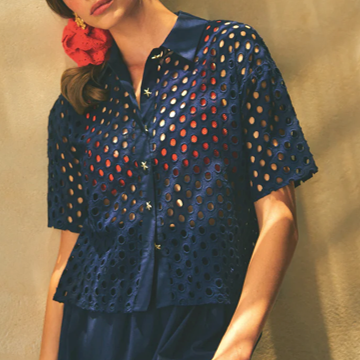 1LU0330-103 [LEO & UGO] Openwork Short-Sleeve Blouse Navy #JE924-NAVY (EU)