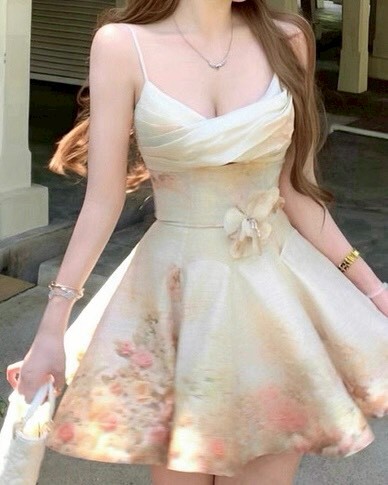 設計師家胸交叉油畫花朵洋裝