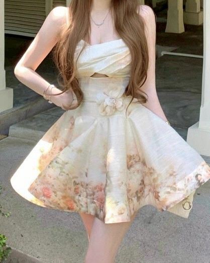 設計師家胸交叉油畫花朵洋裝