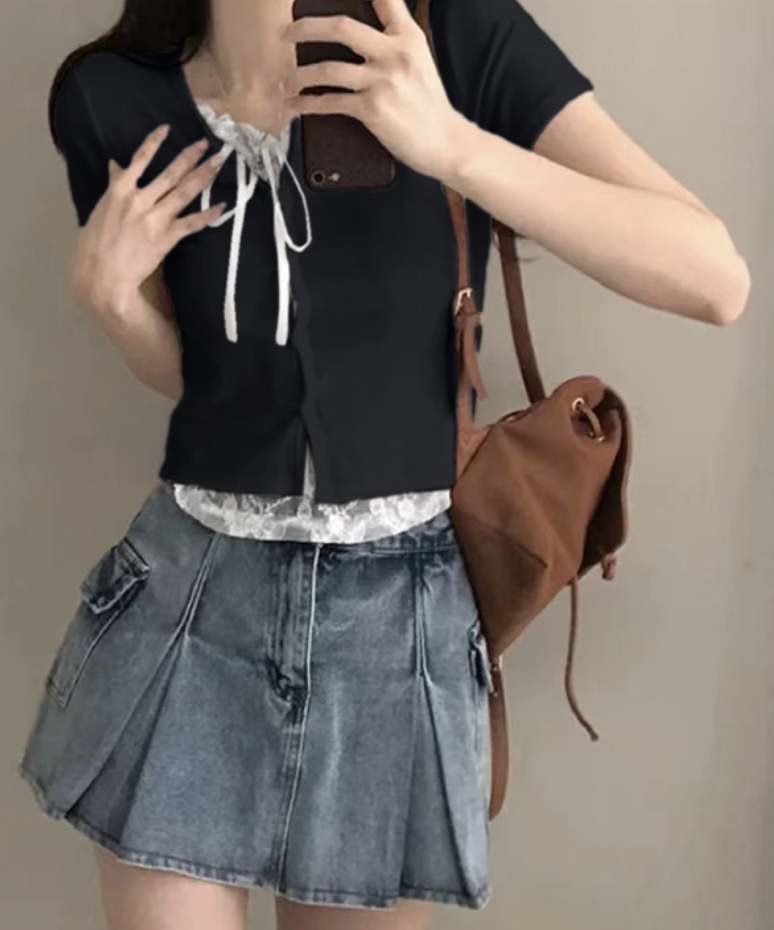 JP1211｜日本直送.ᐟ.ᐟ 假兩件蕾絲蝴蝶結上衣˚.🎀༘⋆