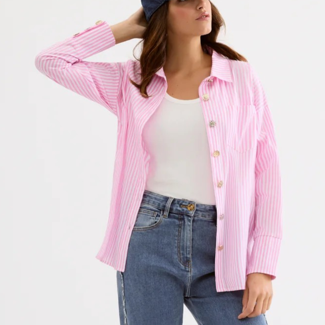 1LU0330-019 [LEO & UGO] Elegant Striped Women's Shirt Pink #JE904-PINK (EU)