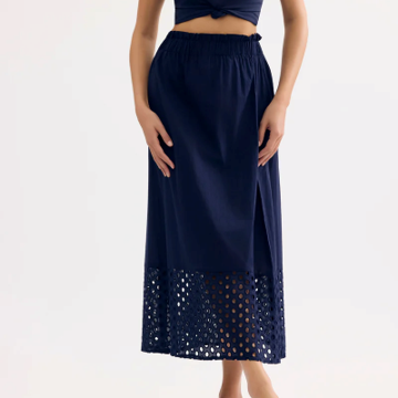 1LU0330-106 [LEO & UGO] Flowy Openwork Midi Skirt Navy #JEJ923-NAVY (EU)