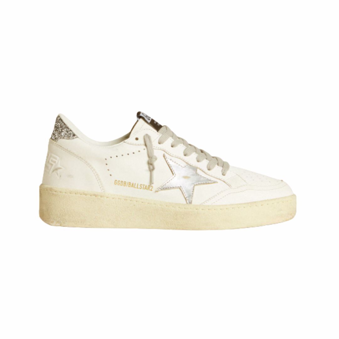 1FF0101-610 [GOLDEN GOOSE] Women's Ball Star With Silver Leather Star And Silver Glitter Heel Tab White (SS26) #GWF00804 F006966-80185 (S-EU-E)