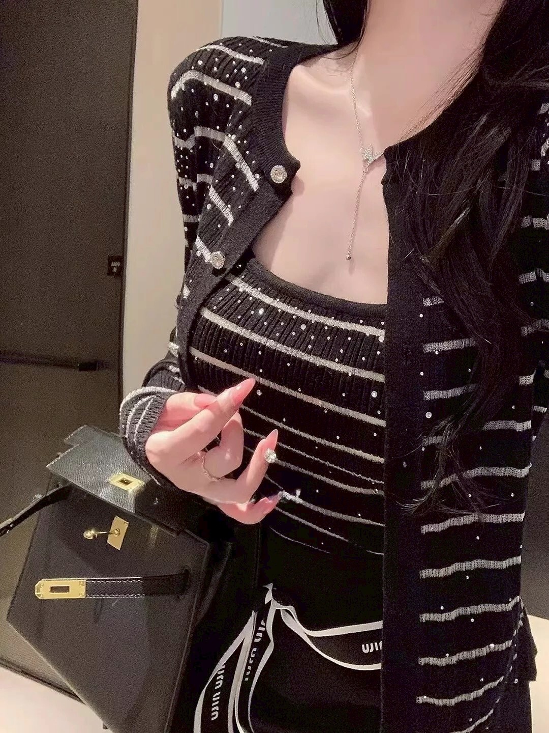 設計師家燙鑽網紗拼接針織小背心+外套