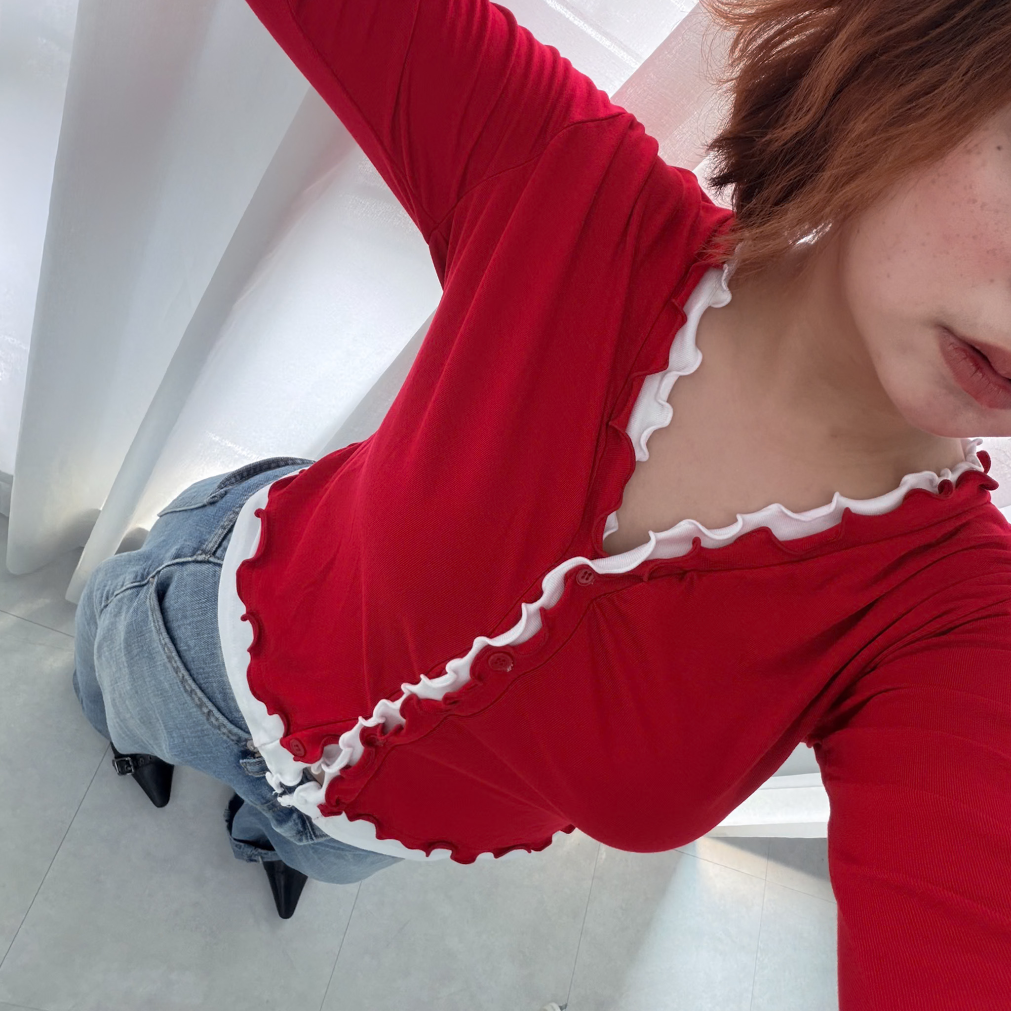 A28設計假雙層花邊排扣衫(紅)