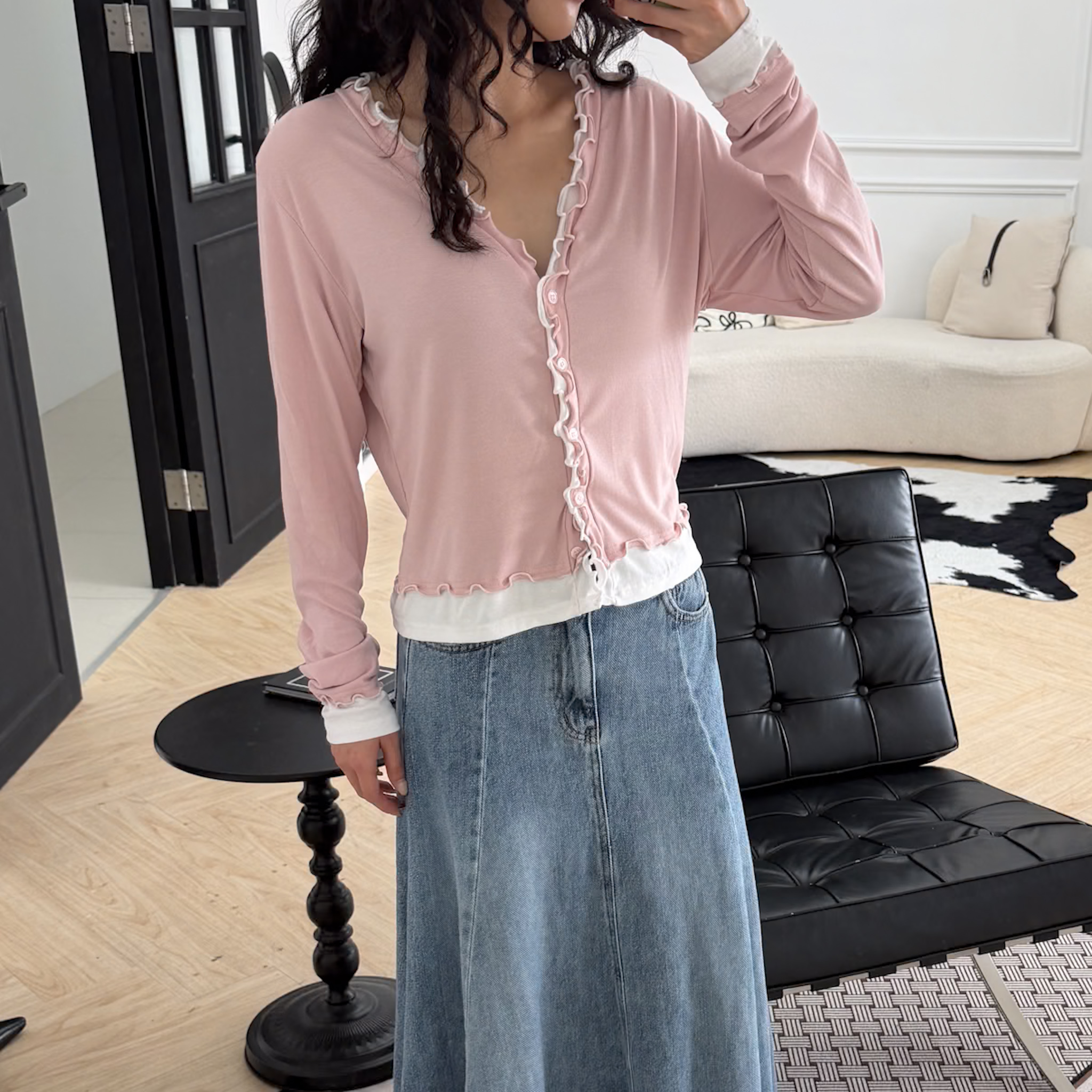 A28設計假雙層花邊排扣衫(粉)