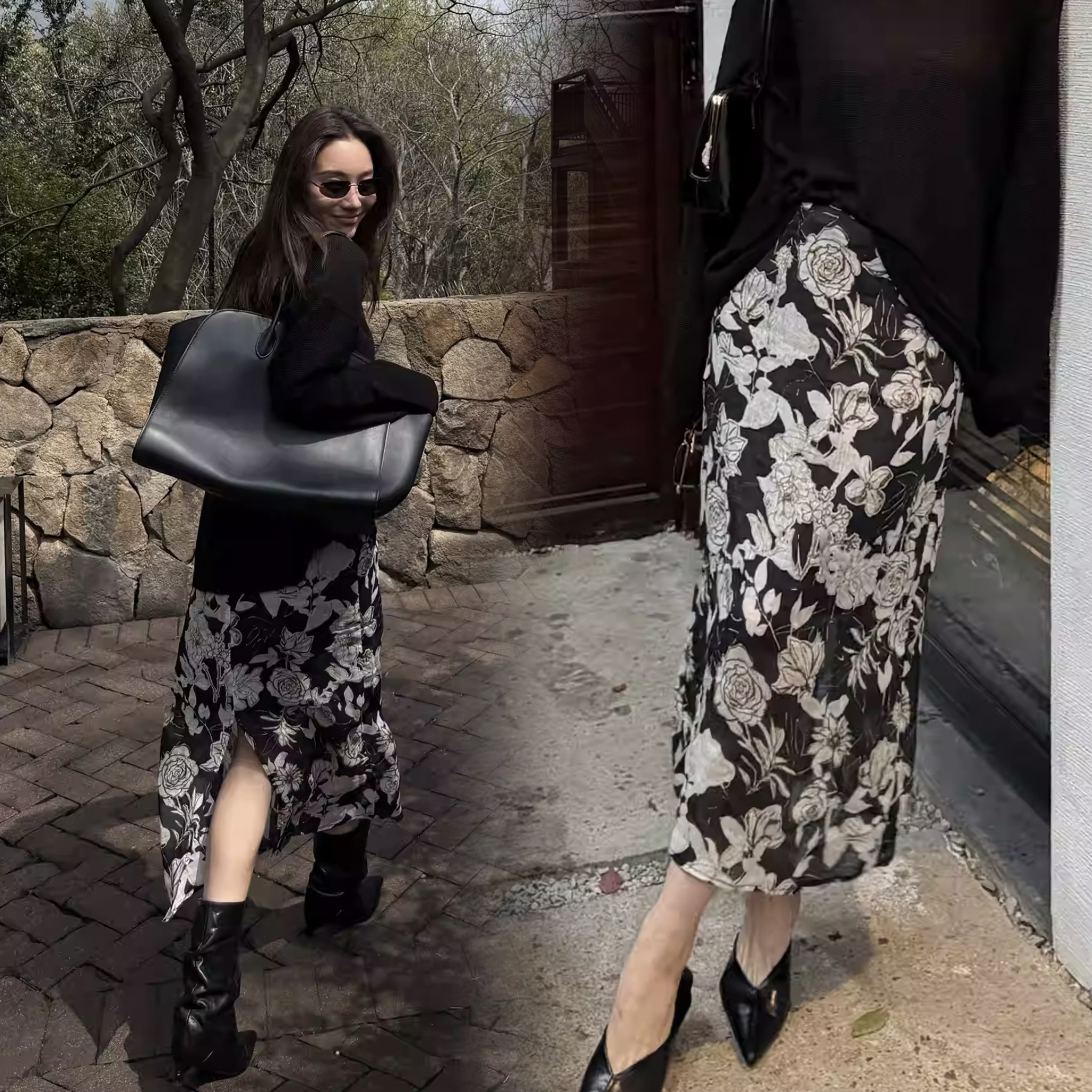 經典黑優雅配色花朵圖騰鉛筆裙長裙-S-XL (Elegant & Love)