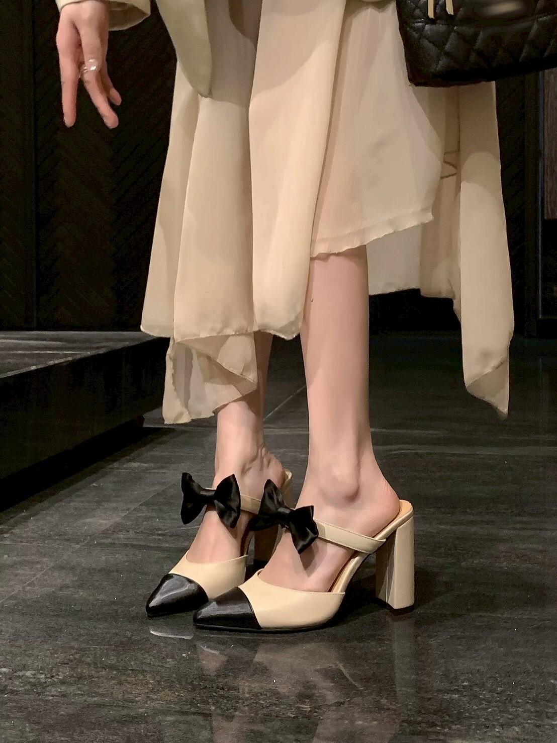 香風配色蝴蝶結高跟拖鞋